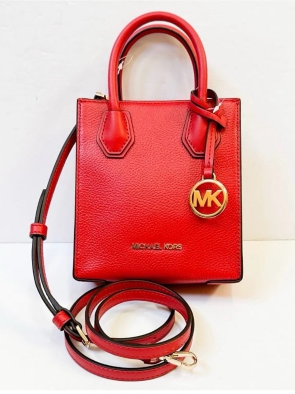 Michael Kors Red Leather Mercer xs Tote with MK Charm